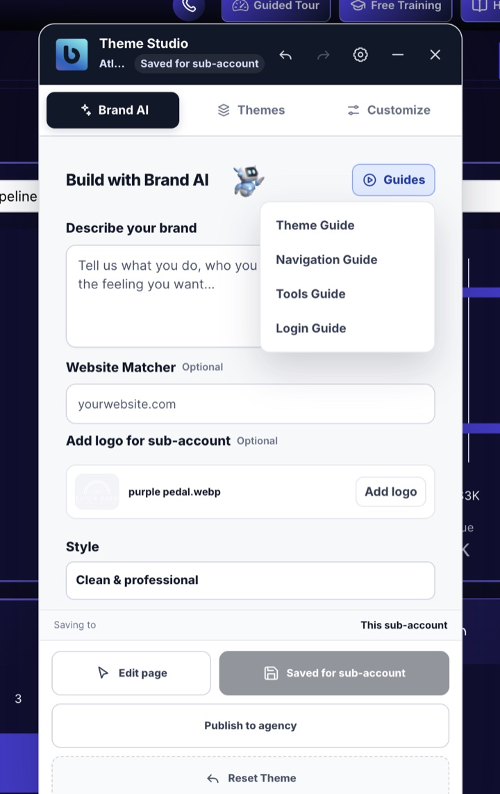 The Theme Studio panel inside GoHighLevel, open on Brand AI