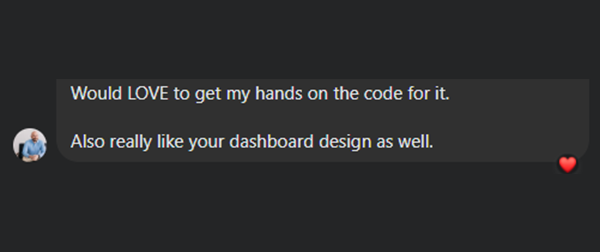 Chat message: Would love to get my hands on the code for it. Also really like your dashboard design as well.