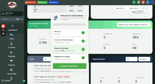 A GoHighLevel dashboard with the Onboarding Widget showing a welcome checklist of setup tasks