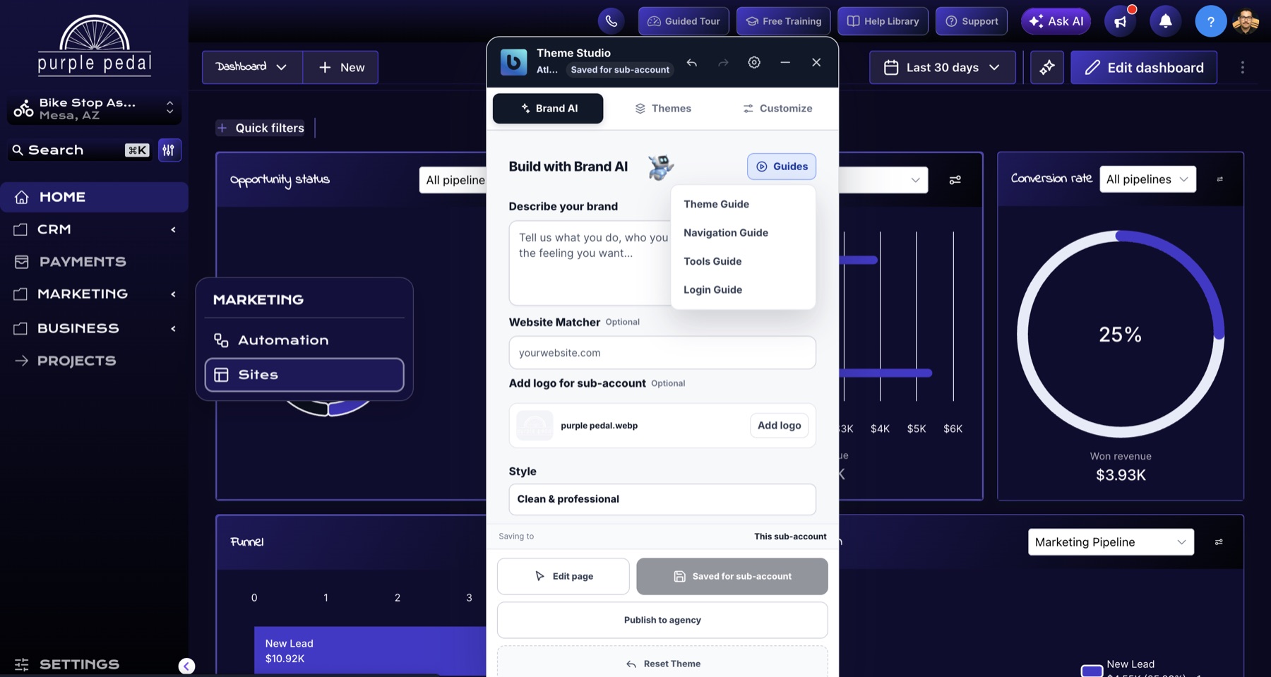 A GoHighLevel dashboard restyled in a purple brand theme, with the Theme Studio editor open on the Brand AI tab
